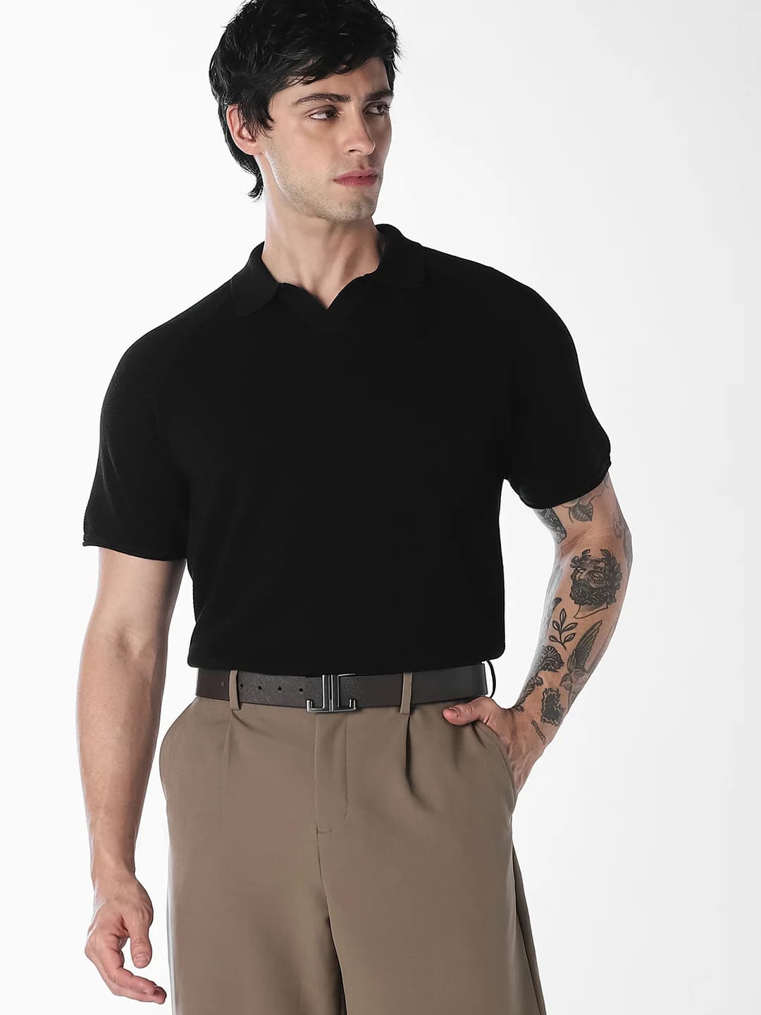 Men's Black Split Neck Knitted Polo Tshirt