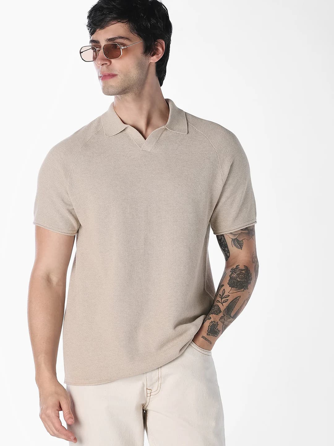 Men's Beige Split Neck Knitted Polo Tshirt