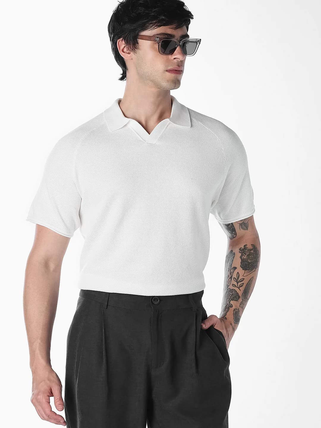 Men's White Split Neck Knitted Polo Tshirt