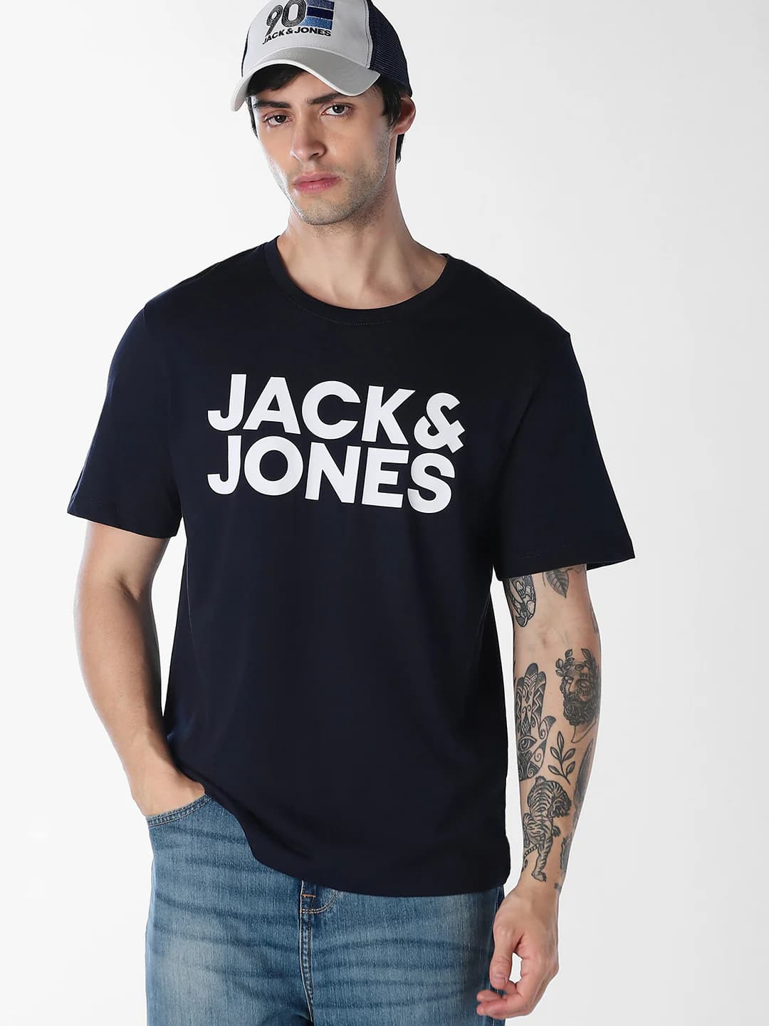 Men's Logo Print Slim Fit O-Neck Navy Blue T-shirt