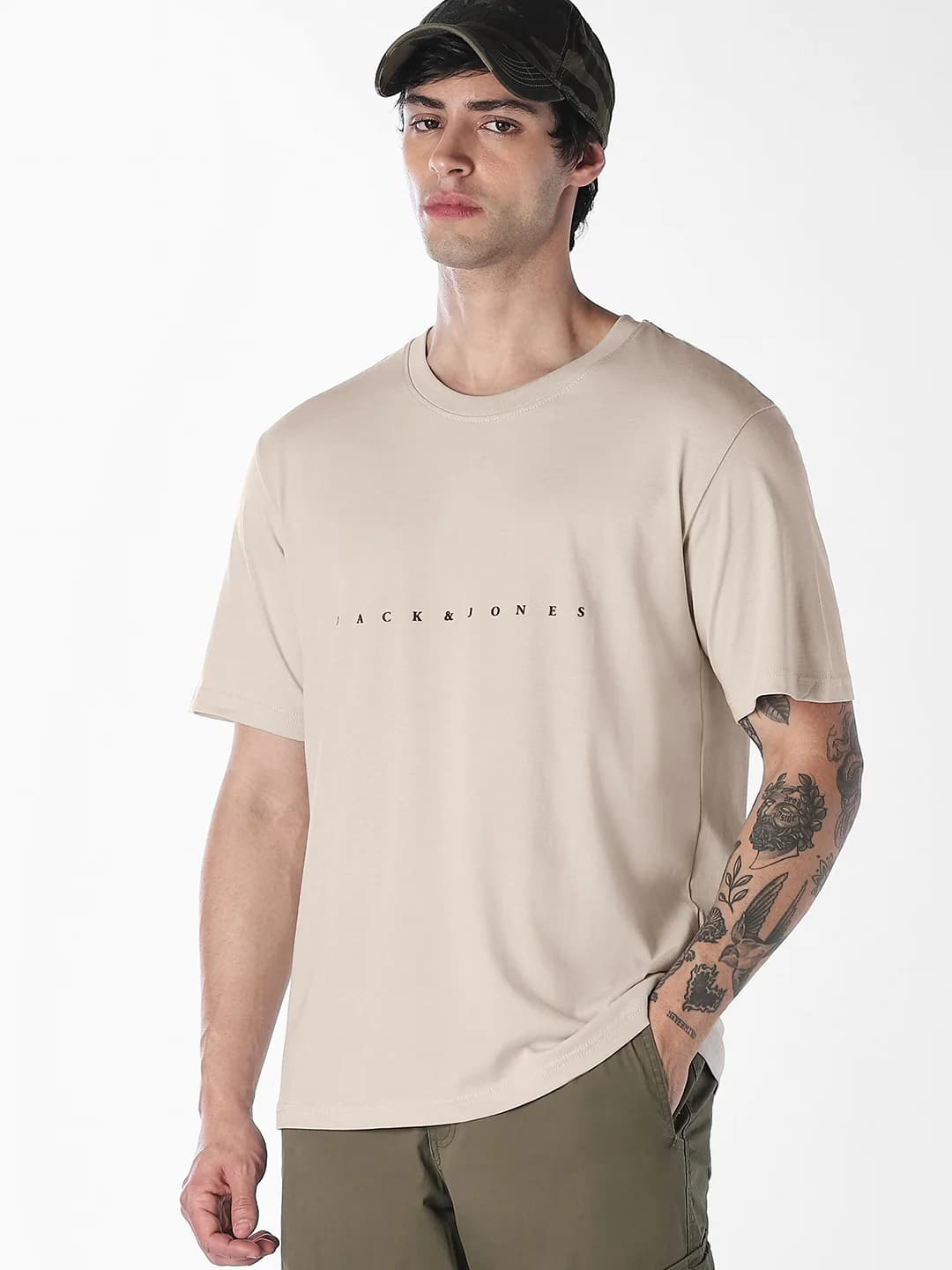 Men's Beige Boxy Fit T-shirt