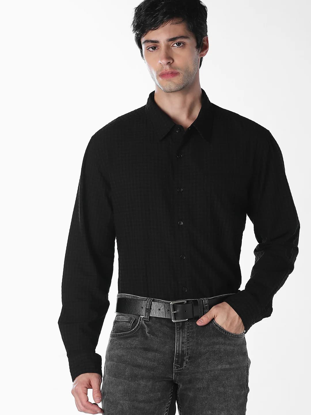 Men's Black Micro Check Oversized Shirt