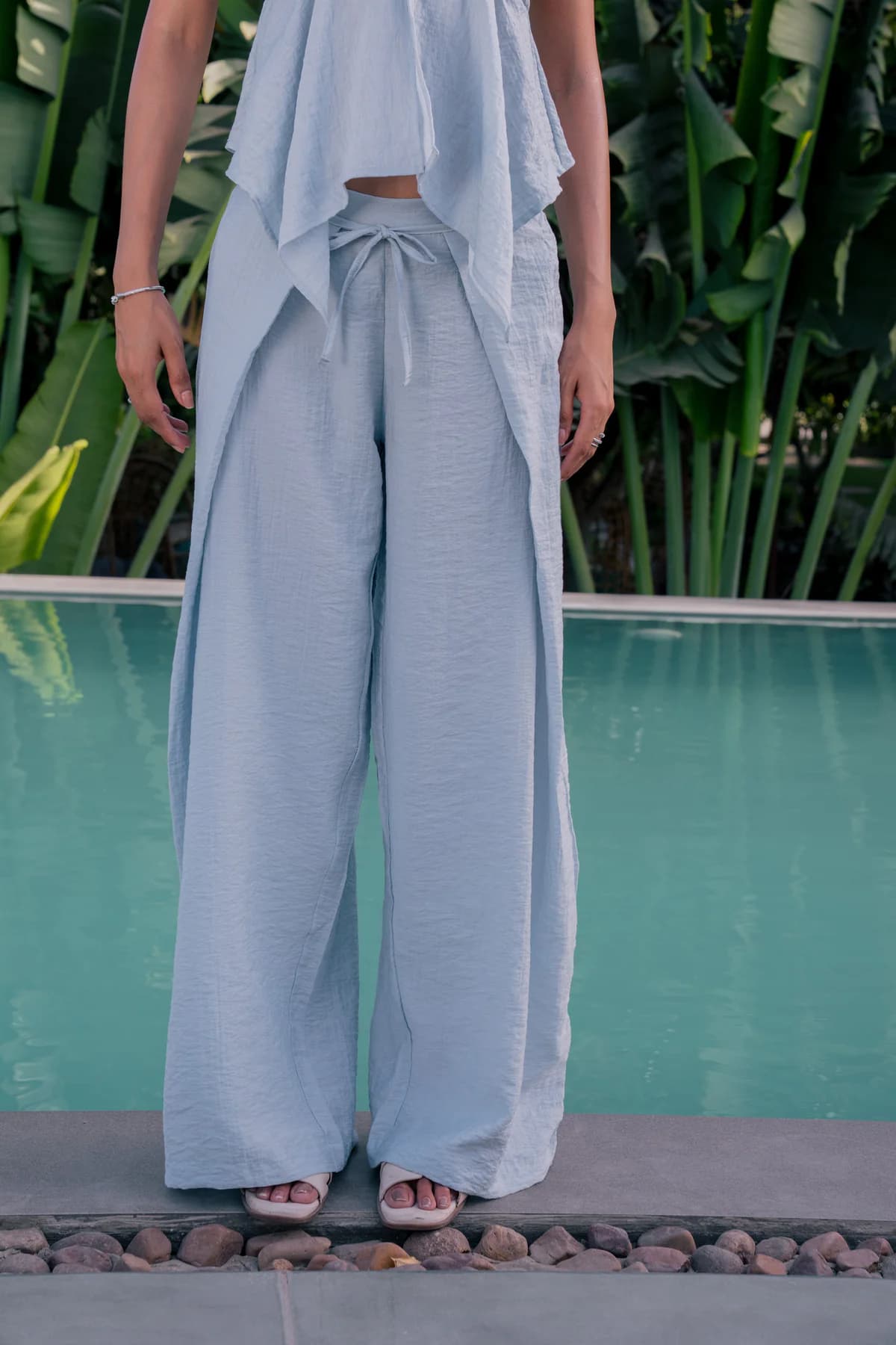 Women's Blue Casual Wide Leg Drawstring Trouser