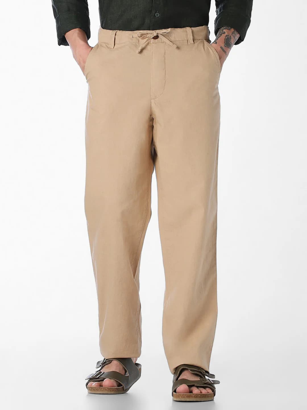 Men's Brown Casual Regular Fit Mid Rise Linen Trouser