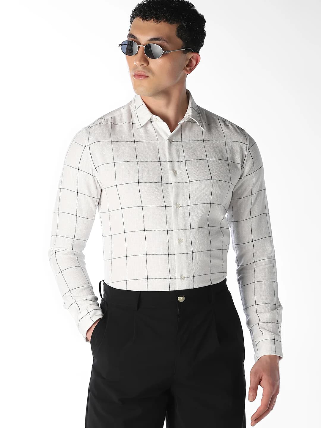 Men's White Casual Regular Fit Cotton Full Sleeves Checked Shirt
