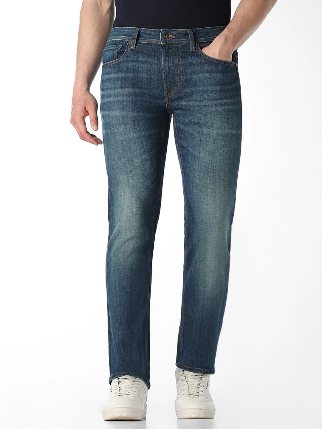 Men's Blue Casual Low Rise Straight Fit Faded Jeans
