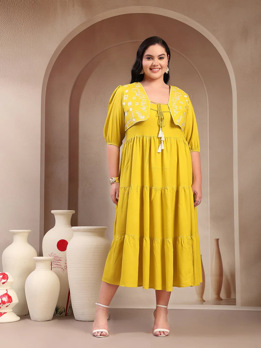 Women's Yellow Solid & Embroidered Rayon Tiered Plus Size Dress with Jacket