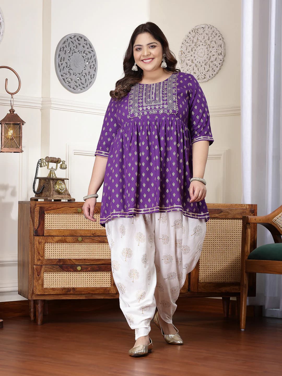 Women's Purple Casual Printed Rayon Plus Size Kurta Set