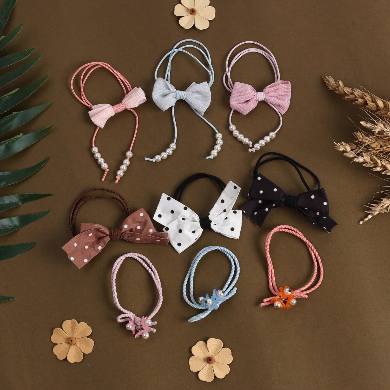 Girls Multicolor Hair Accessories Combo Set of Bow Hair Ties Floral Rubber Bands and Pearl Ponytail Holders - Pack of 9