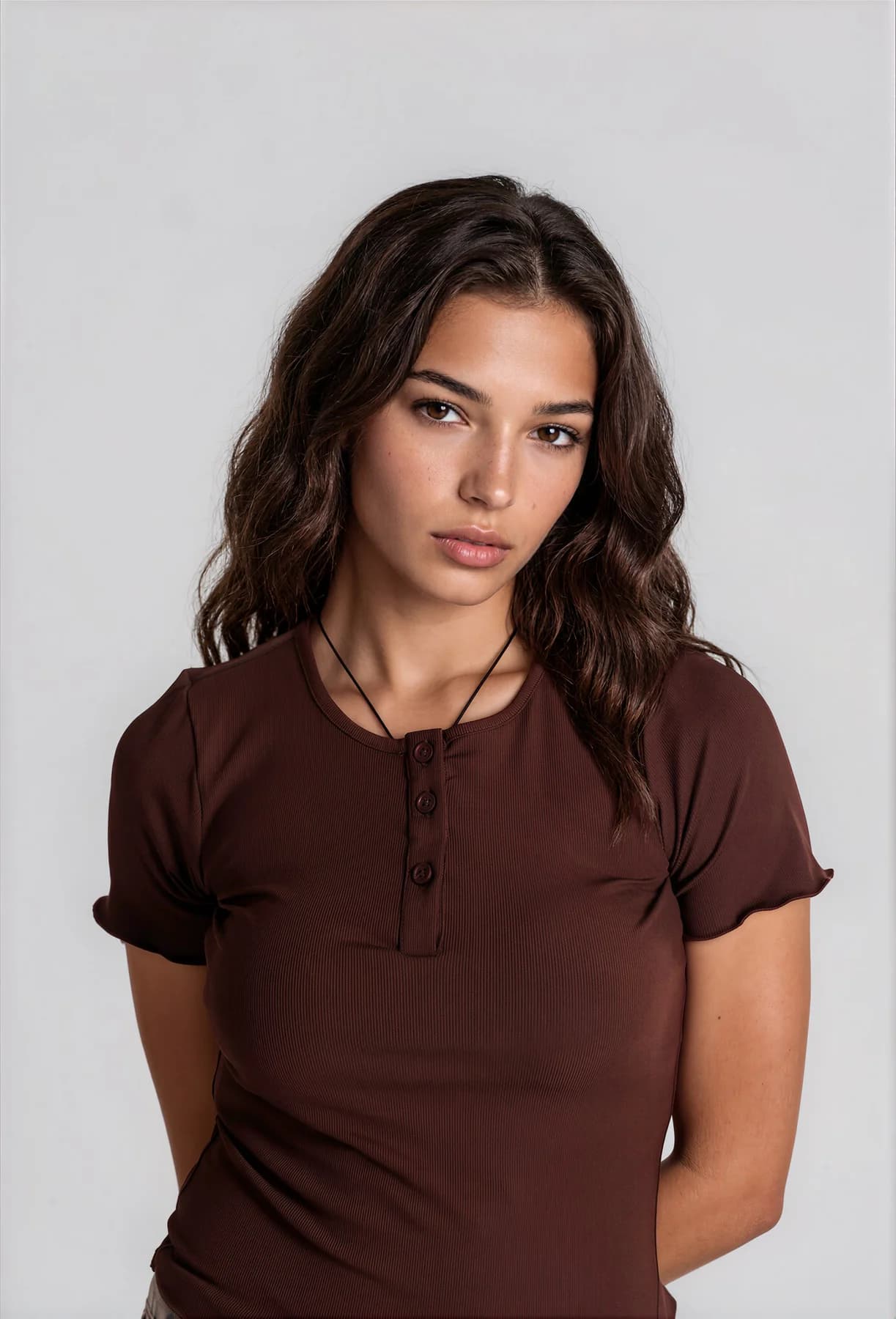 Women's Brown Casual Regular Fit Short Sleeve Babylock Button Rib Top