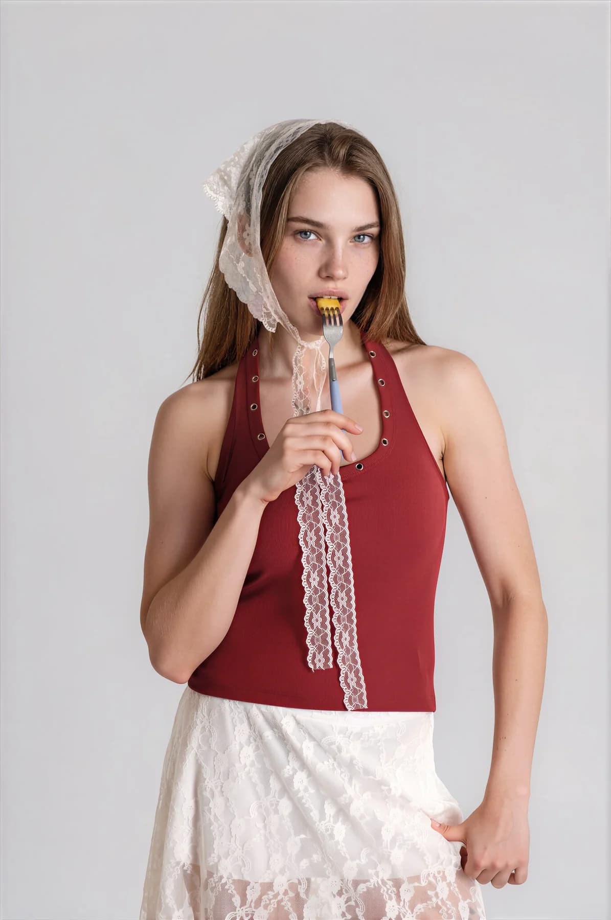 Women's Red Casual Regular Fit Halterneck Top With Eyelets