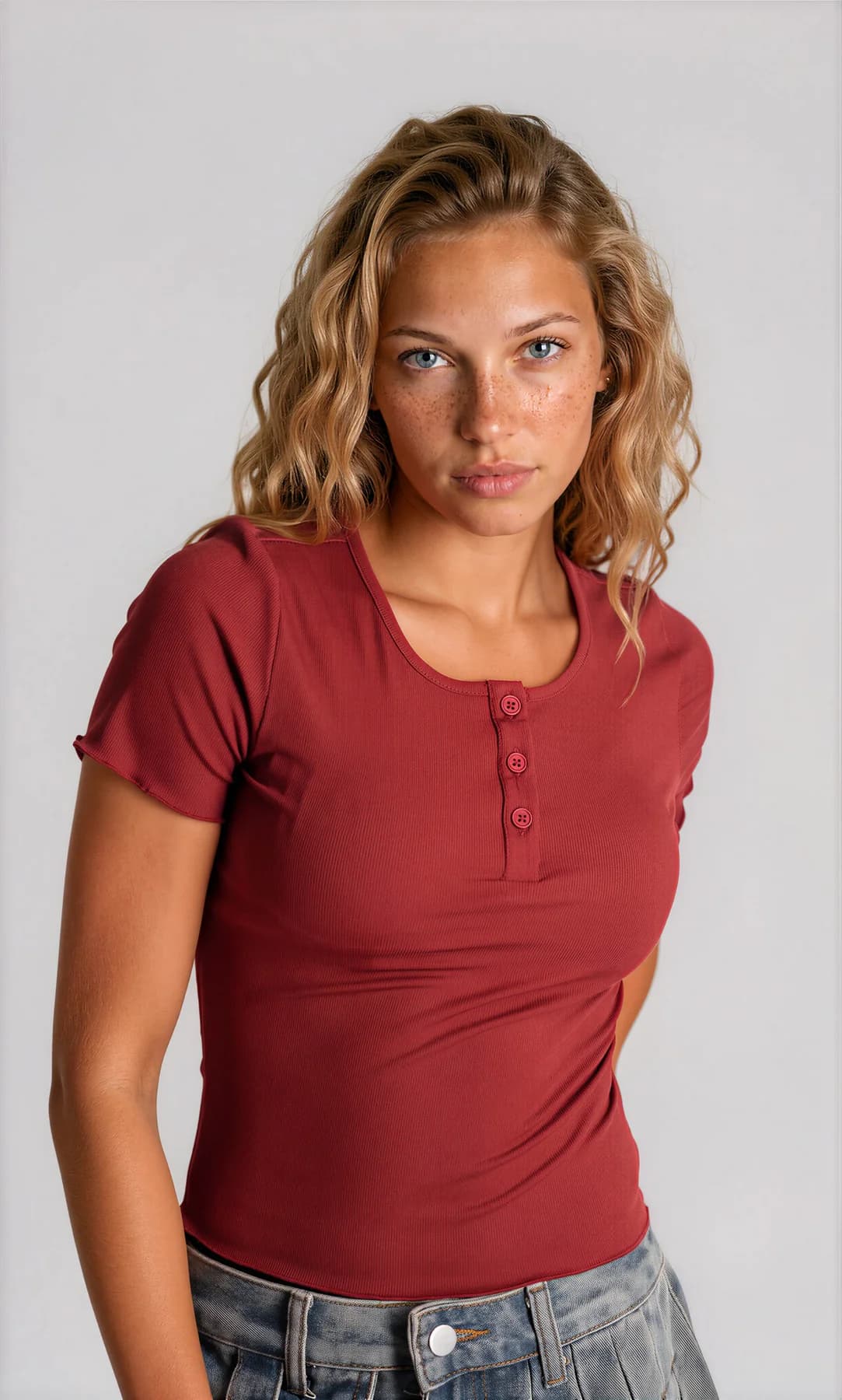 Women's Red Casual Regular Fit Short Sleeve Babylock Button Rib Top