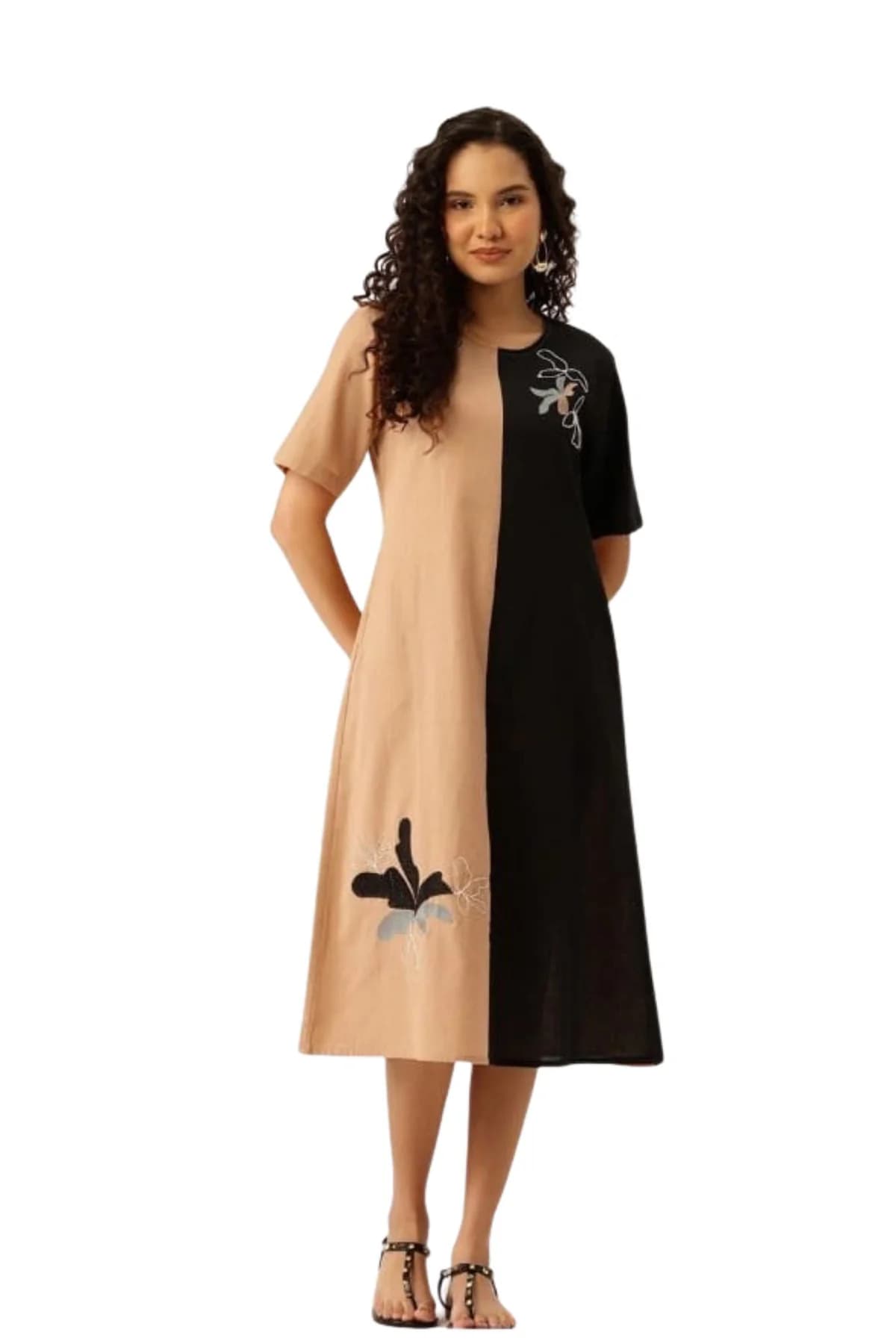 Women's Multicolor Woven Casual Below Knee Half Sleeves Dress
