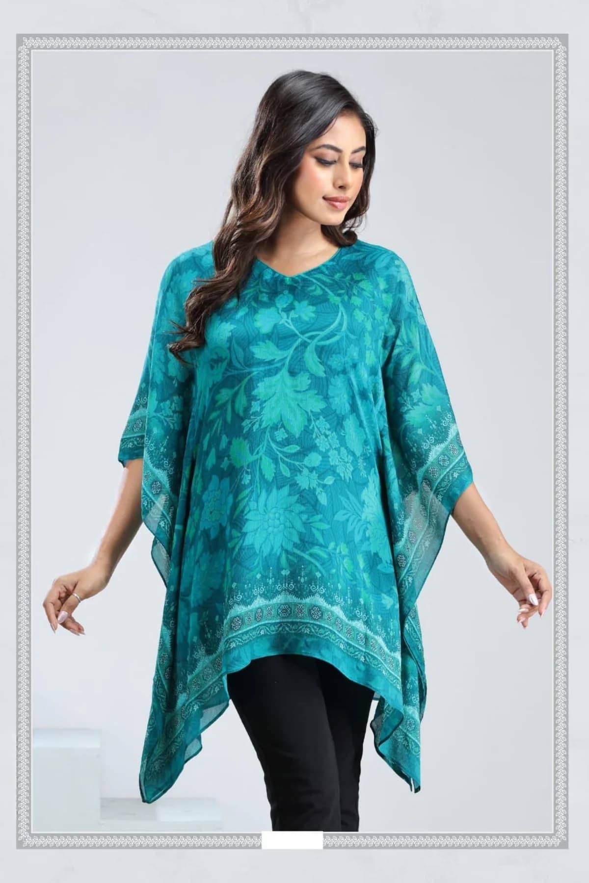 Women's Green Leaf Printed Green Viscose Short Kaftan