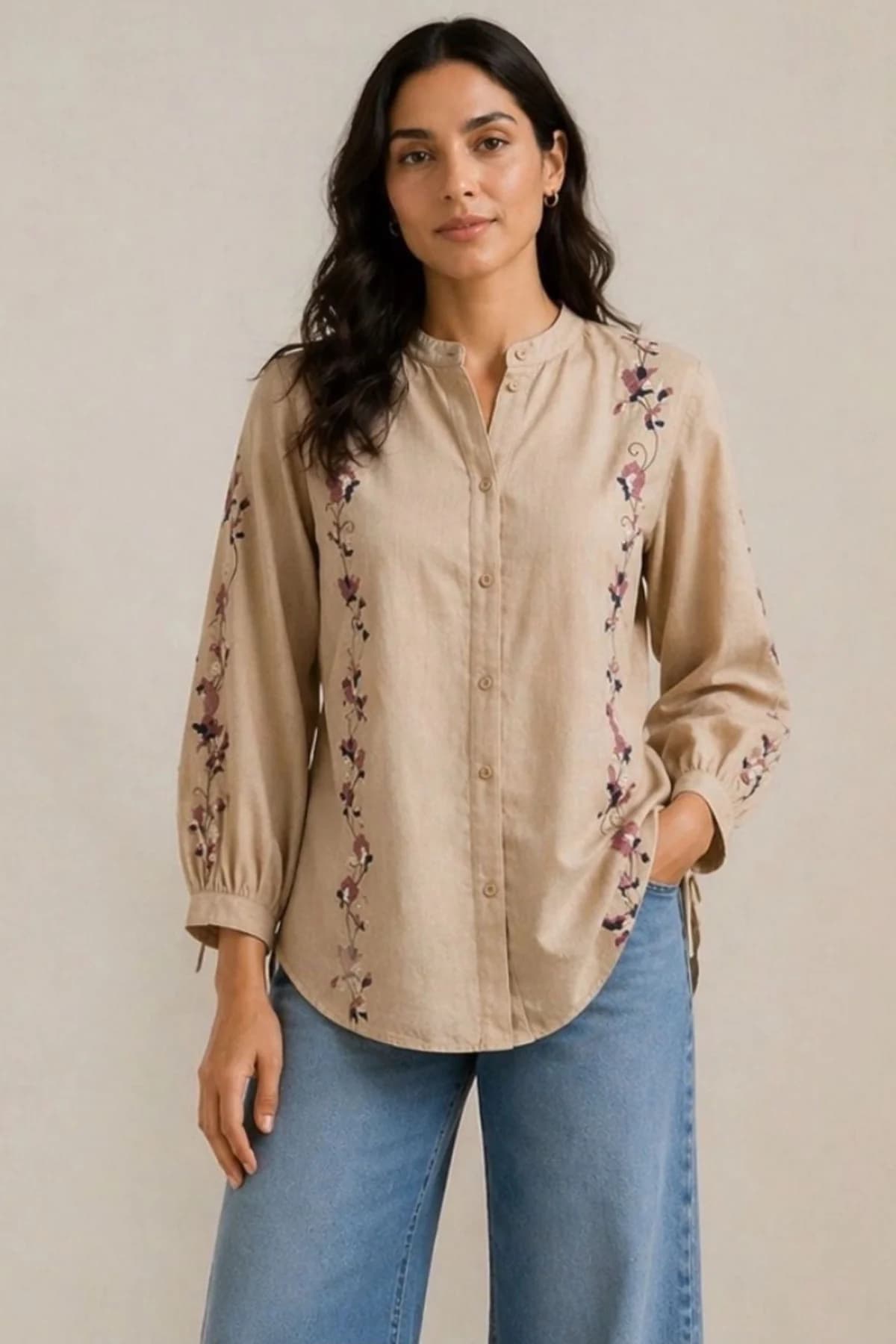 Women's Beige Relaxed Fit Cotton Shirt