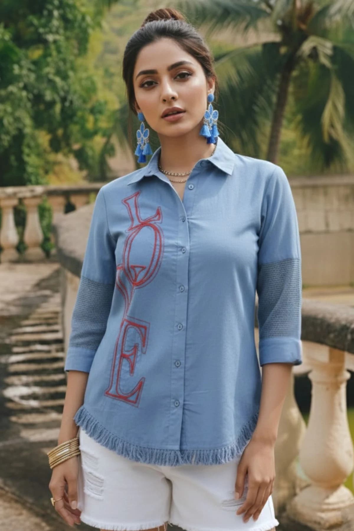 Women's Blue Embroidered Love Shirt with Fringe Hem