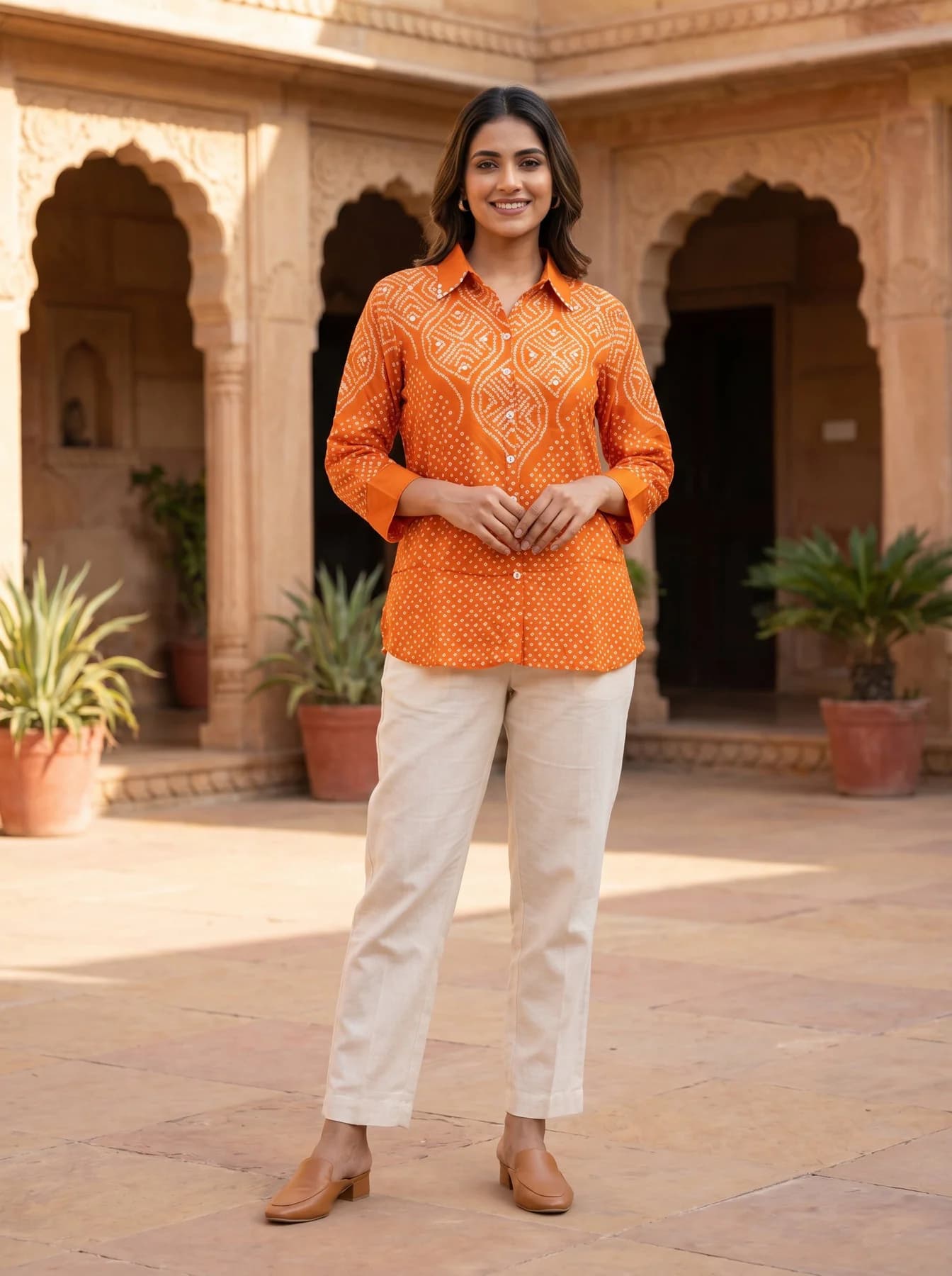 Women's Orange Crepe Bandhani Placement Print Shirt with Sequence Detailing