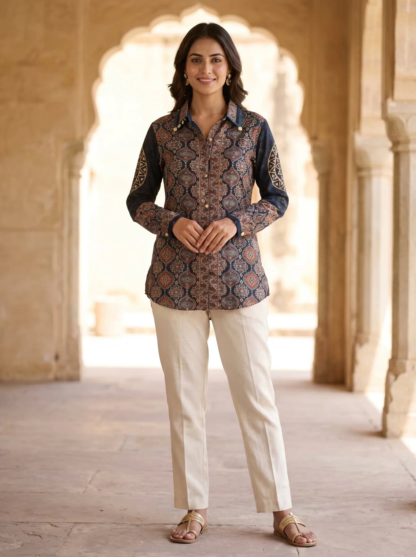 Women's Blue Crepe Bandhani Placement Print Shirt with Sequence Detailing