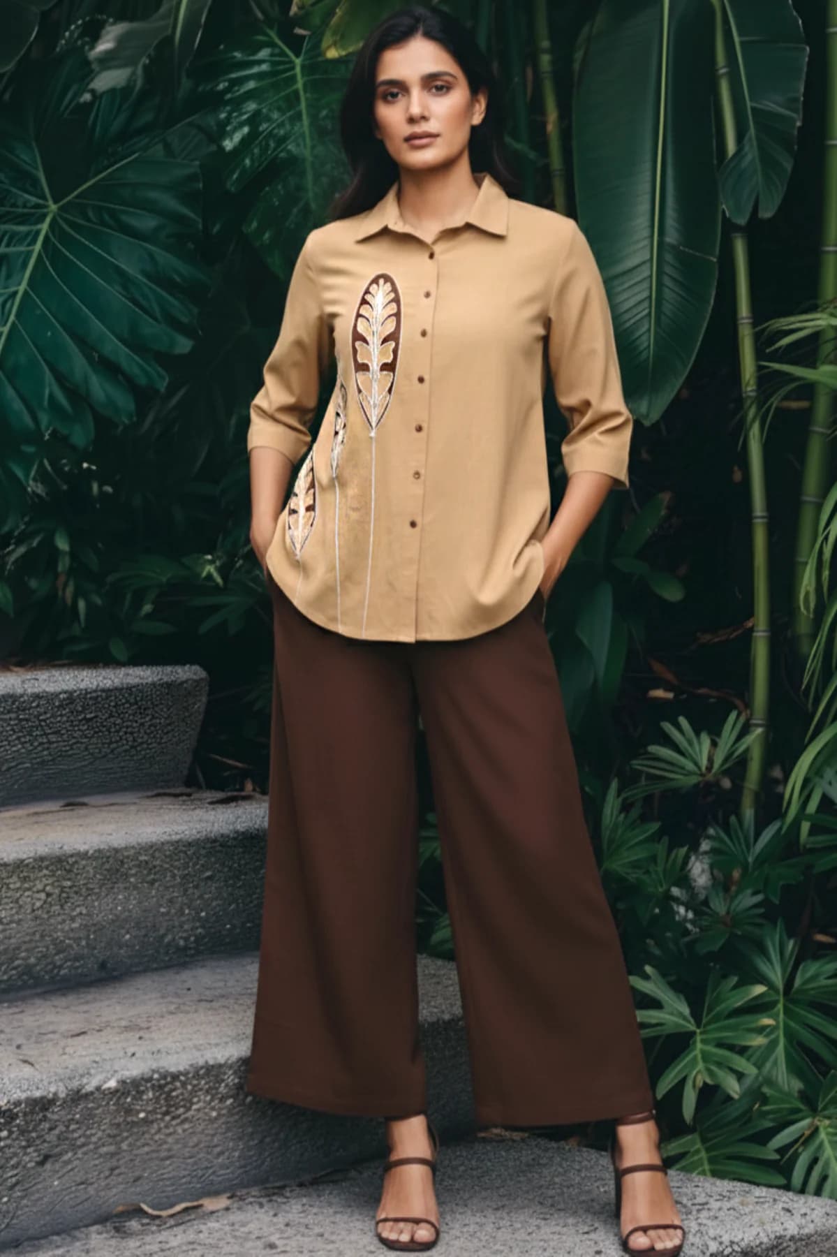 Women's Brown and Beige Wide Pant Cotton Flex Shirt Co-ord Set