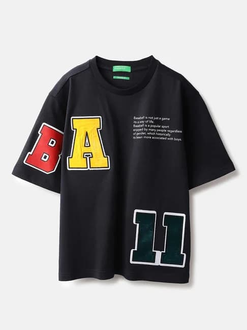 Boys Black Oversized Fit Casual Half Sleeves Graphic Tshirt