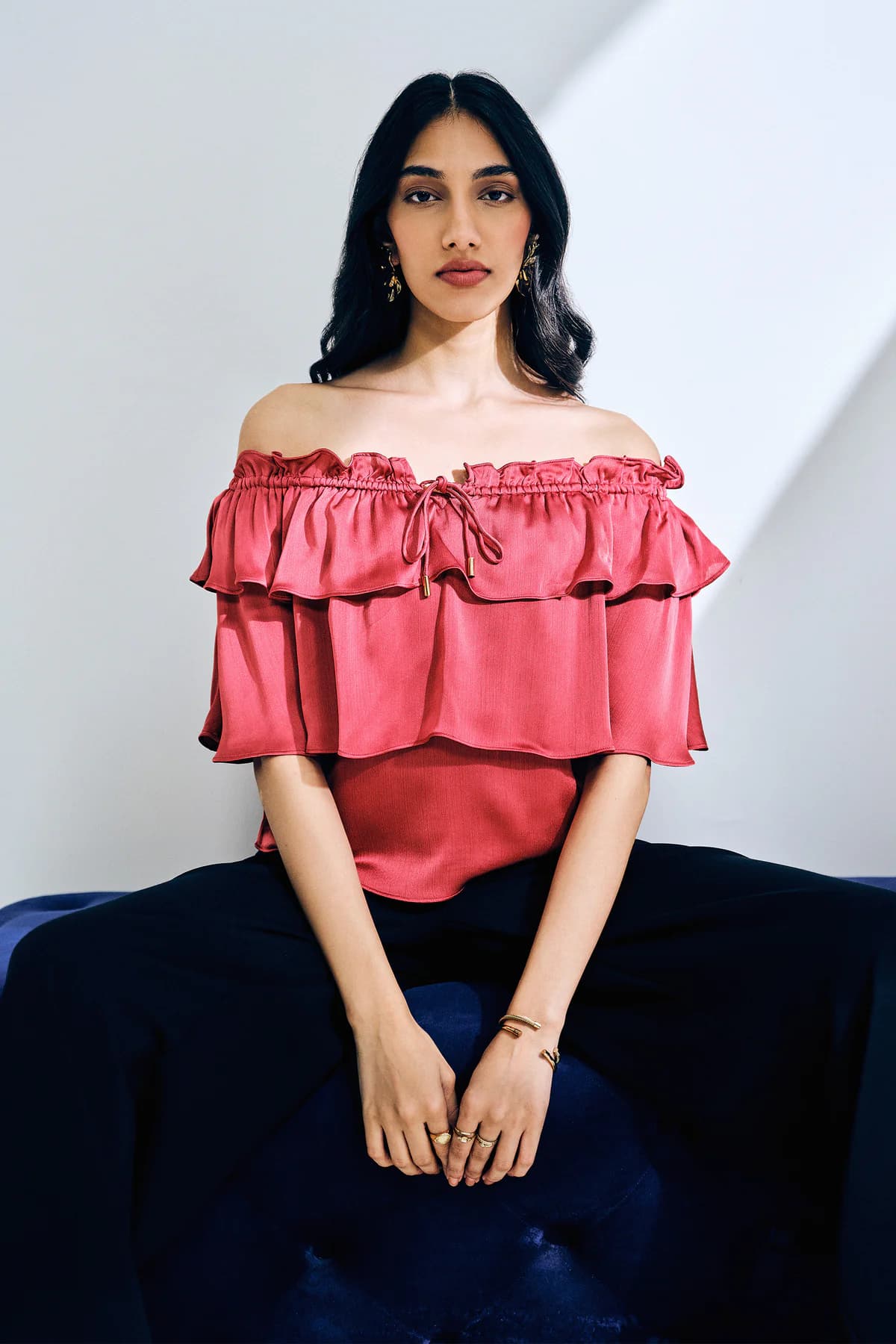 Women's Pink Casual Solid Regular Fit Off Shoulder Top