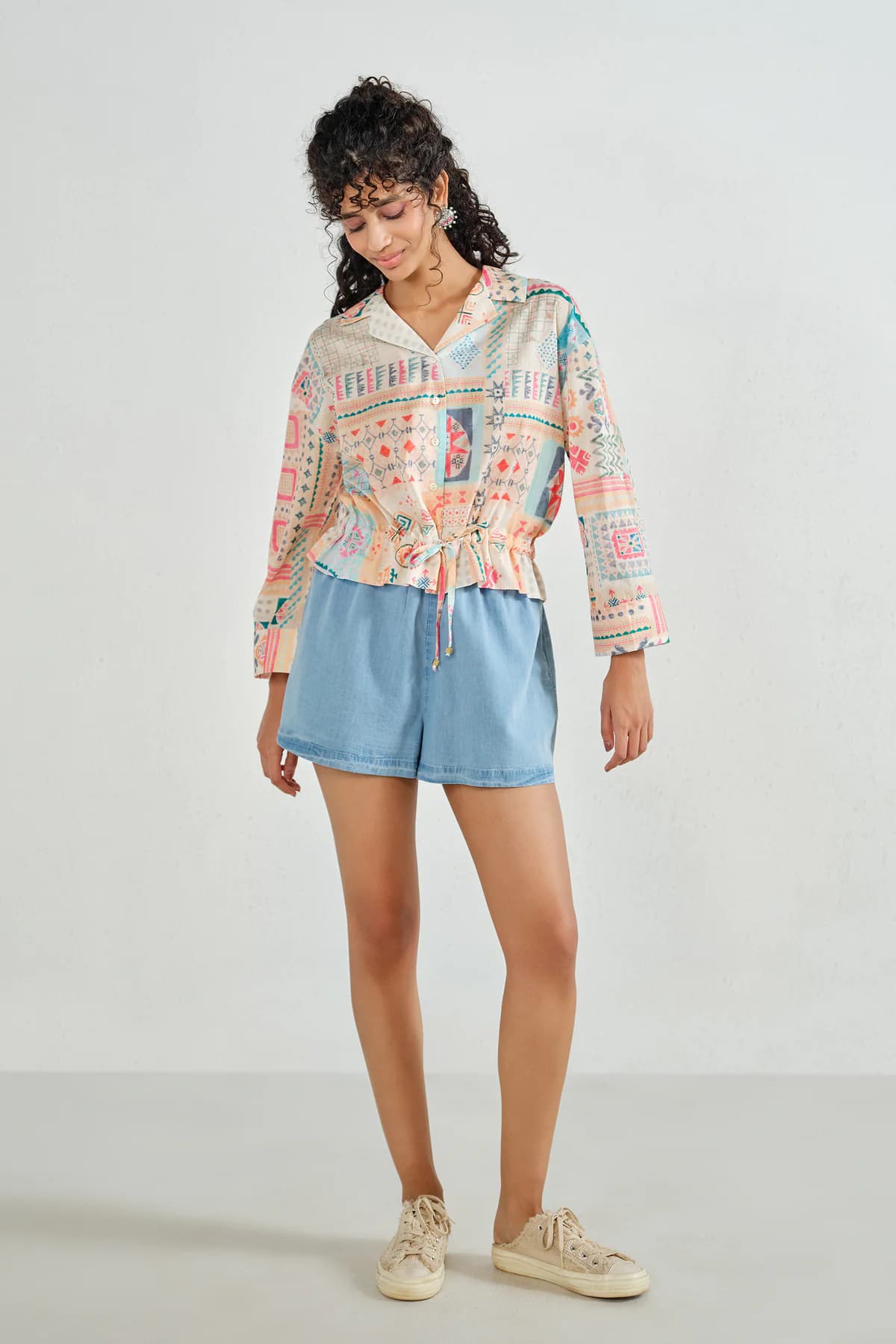 Women's Multicolor Casual Printed Relaxed Fit Notched Lapel Top