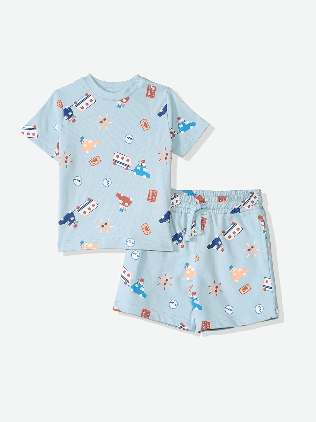 Boys Blue Casual Printed Regular Fit Tshirt and Mid Rise Shorts