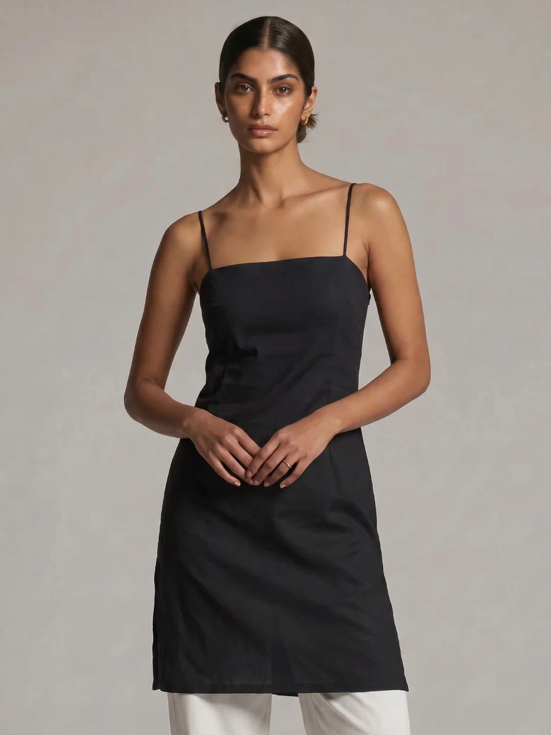 Women's Black Casual Sleeveless Kusmi Noodle Strap Corset Kurti