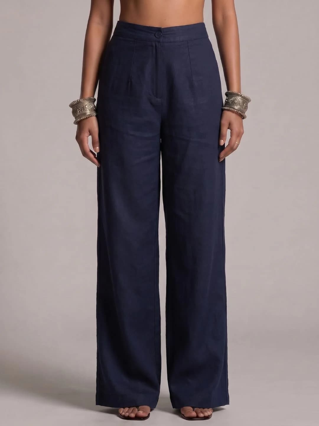 Women's Navy Casual Waistband Straight Fit Cotton Trouser