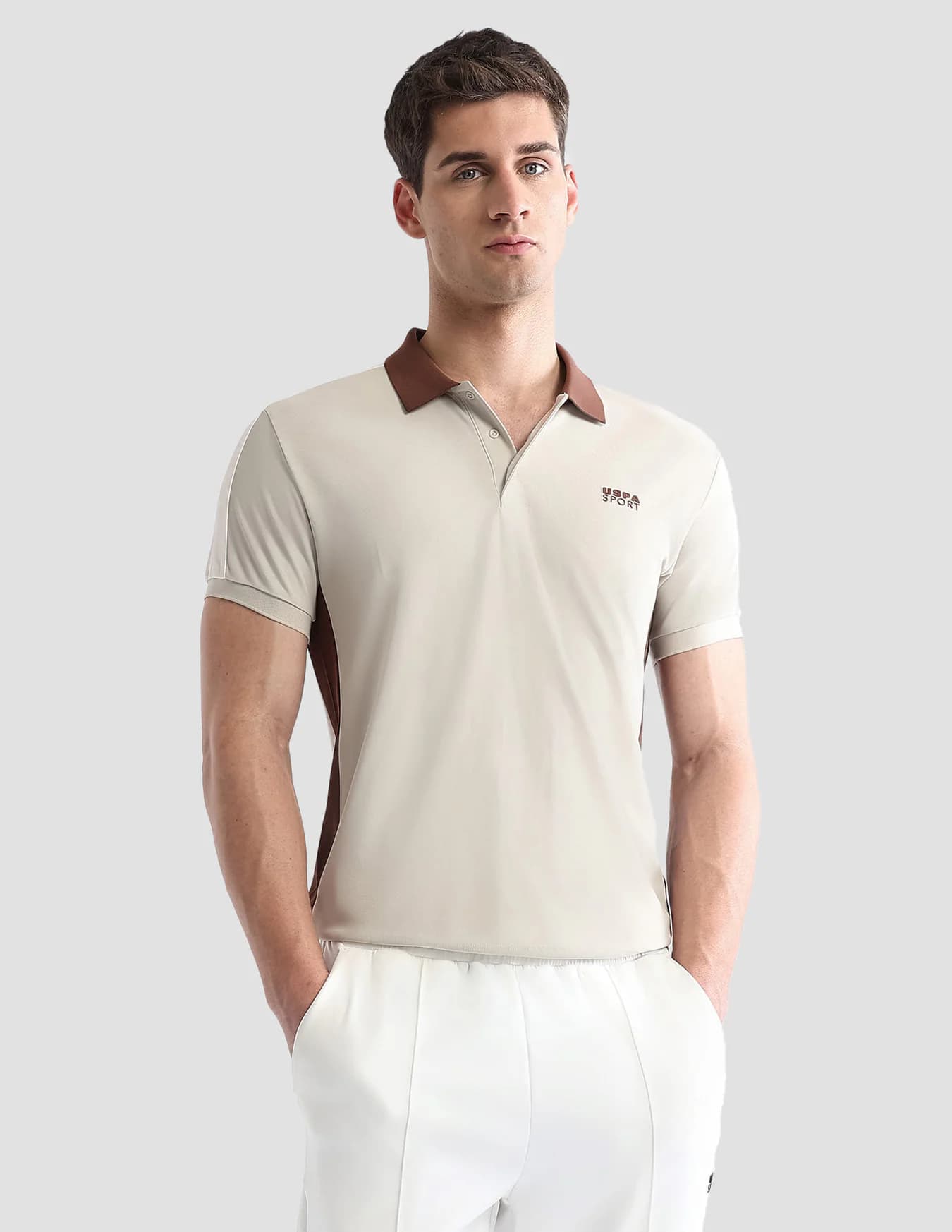 Men's Beige Casual Half Sleeves Solid Regular Fit Active Polo Tshirt