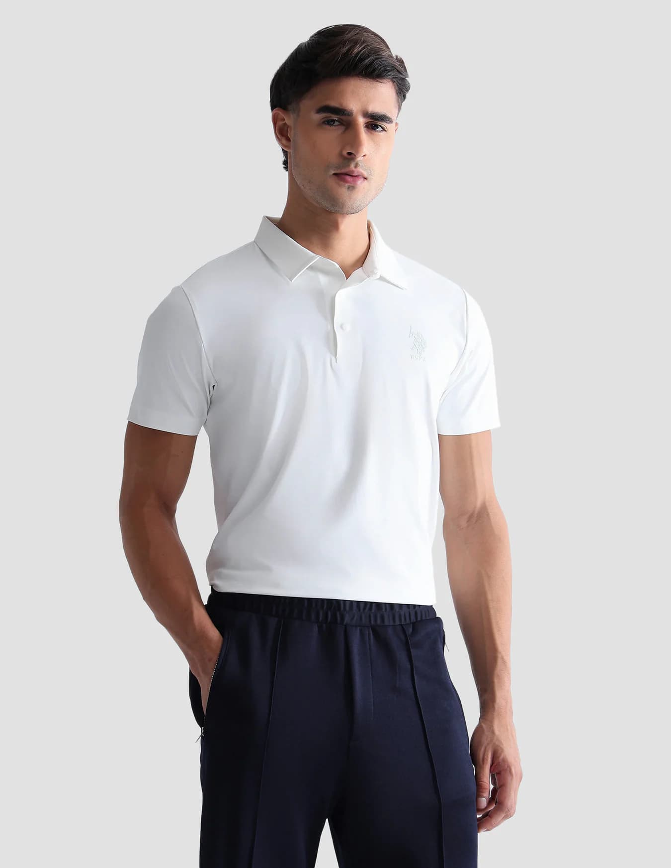 Men's Off White Casual Half Sleeves Embossed Active Polo Tshirt