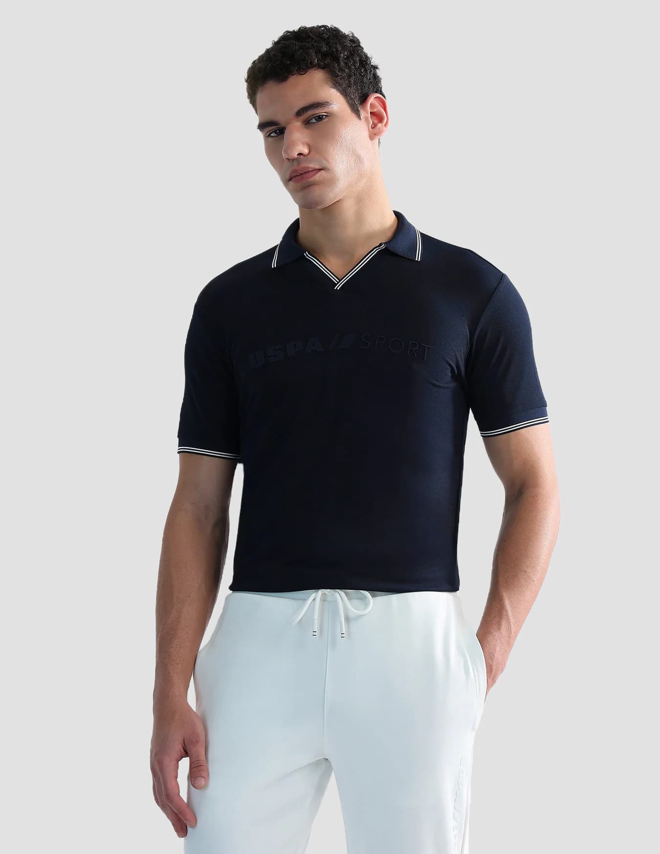 Men's Navy Casual Half Sleeves Embossed Regular Fit Active Polo Tshirt