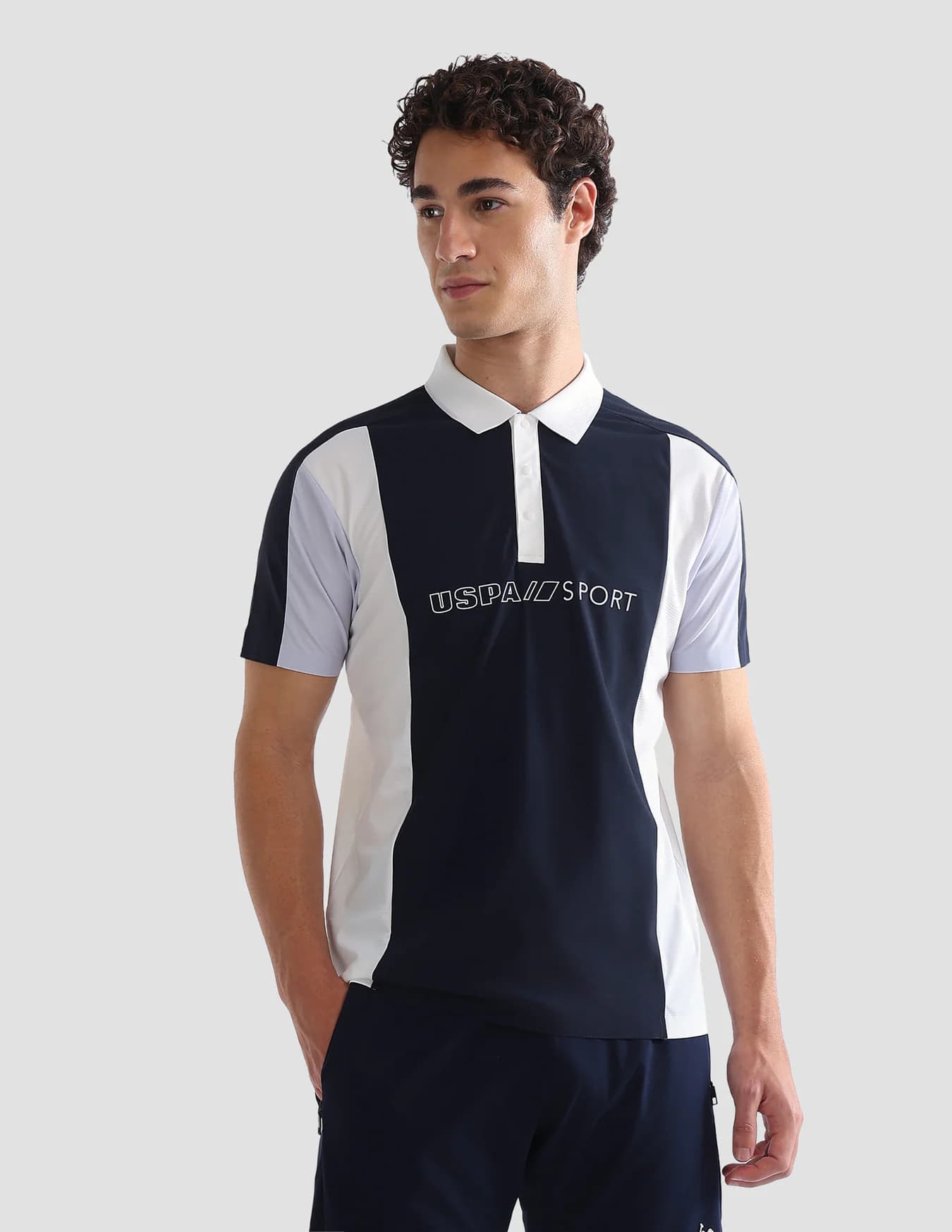 Men's Navy Casual Half Sleeves Colourblocked Slim Fit Active Polo Tshirt