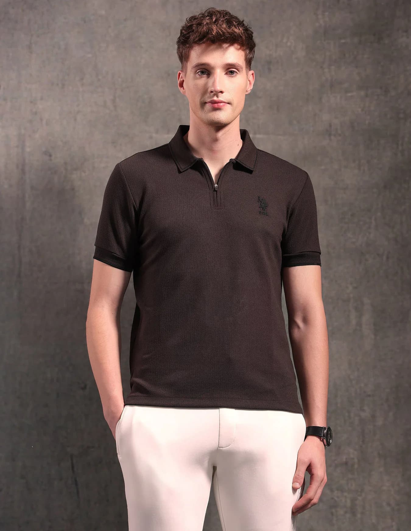 Men's Brown Casual Half Sleeves Black & Gold Textured Polo Tshirt