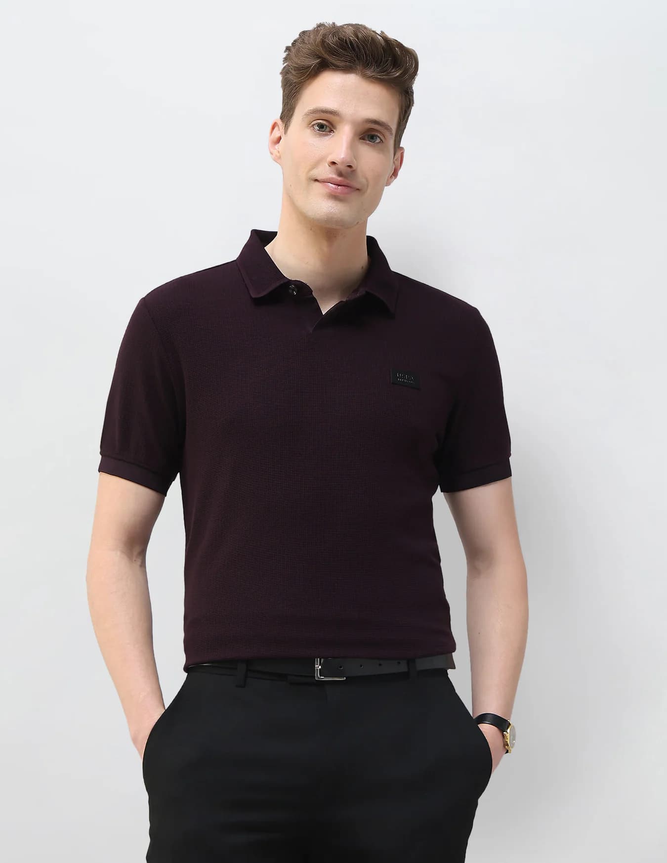 Men's Red Casual Half Sleeves Textured Black & Gold Slim Fit Polo Tshirt