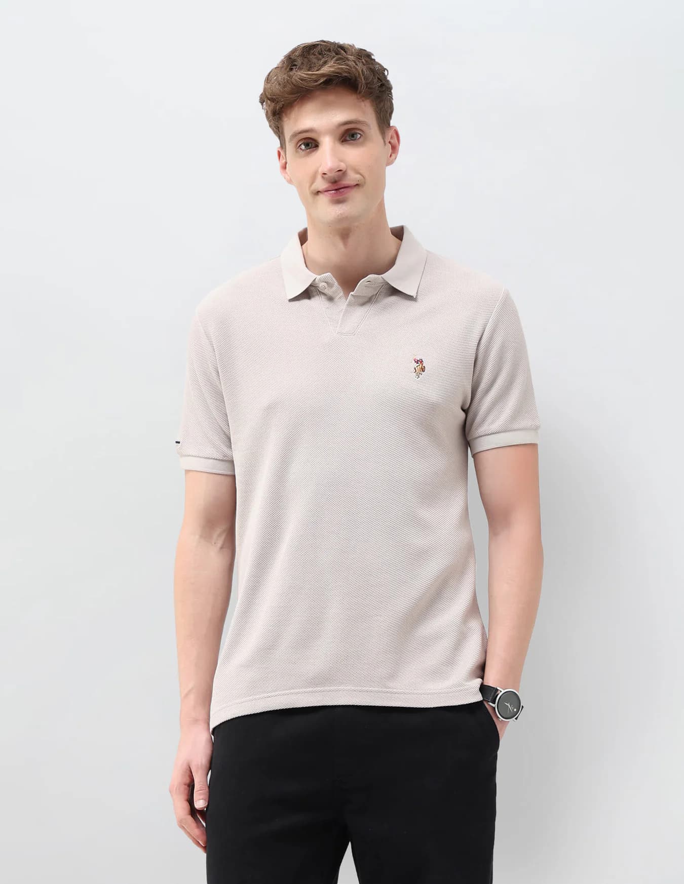 Men's Grey Casual Half Sleeves Textured Muscle Fit Polo Tshirt