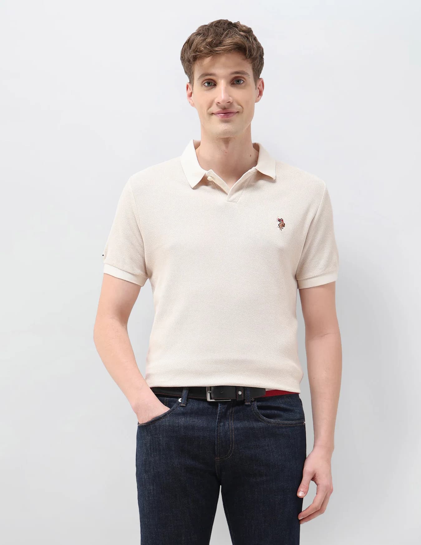 Men's Cream Casual Half Sleeves Textured Muscle Fit Polo Tshirt