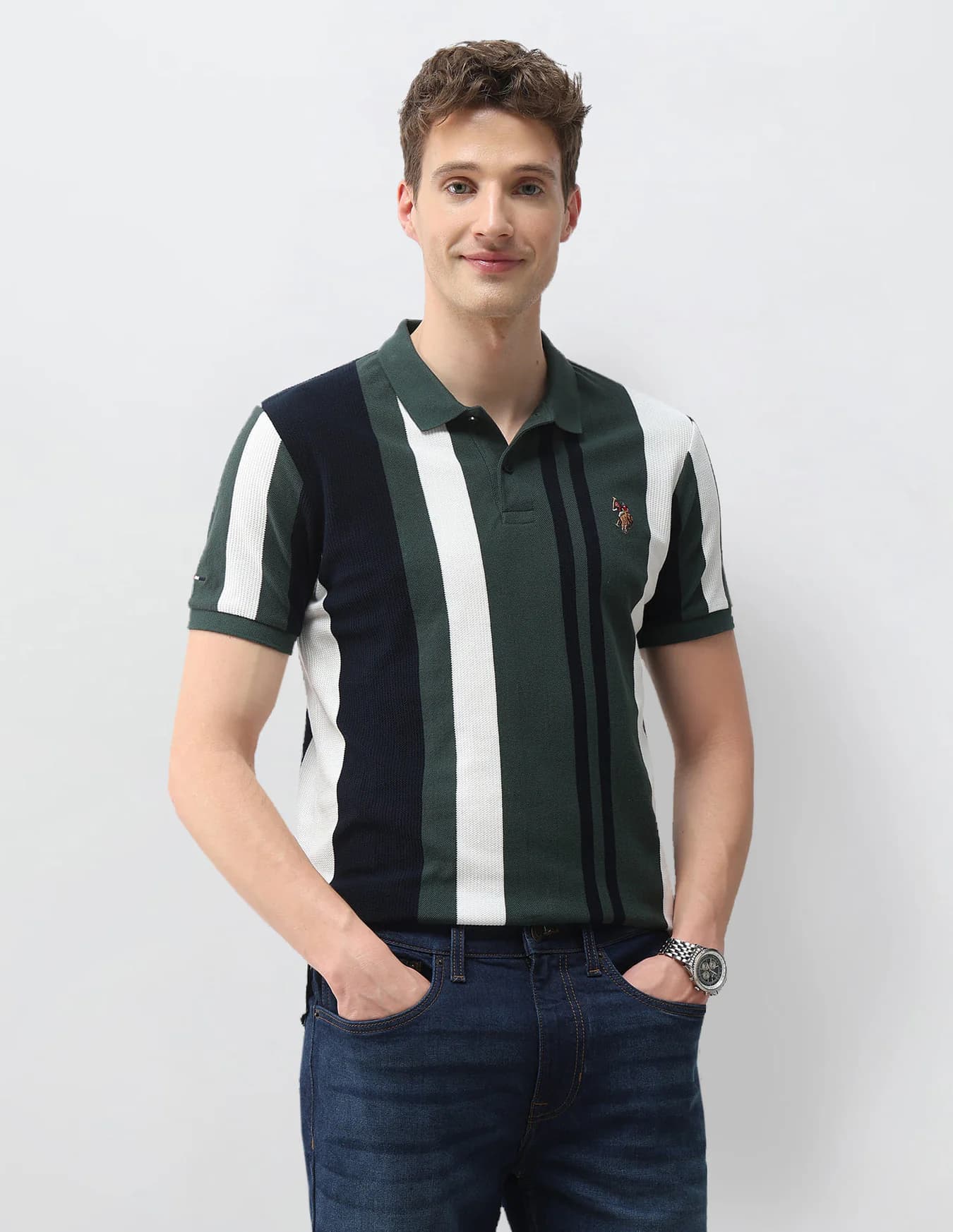 Men's Green Casual Half Sleeves Vertical Striped Muscle Fit Polo Tshirt