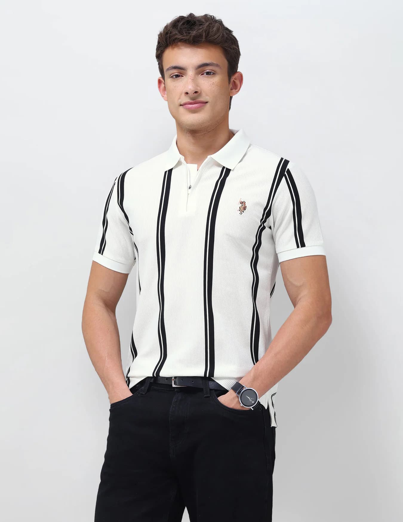 Men's Cream Casual Half Sleeves Vertical Striped Slim Fit Polo Tshirt