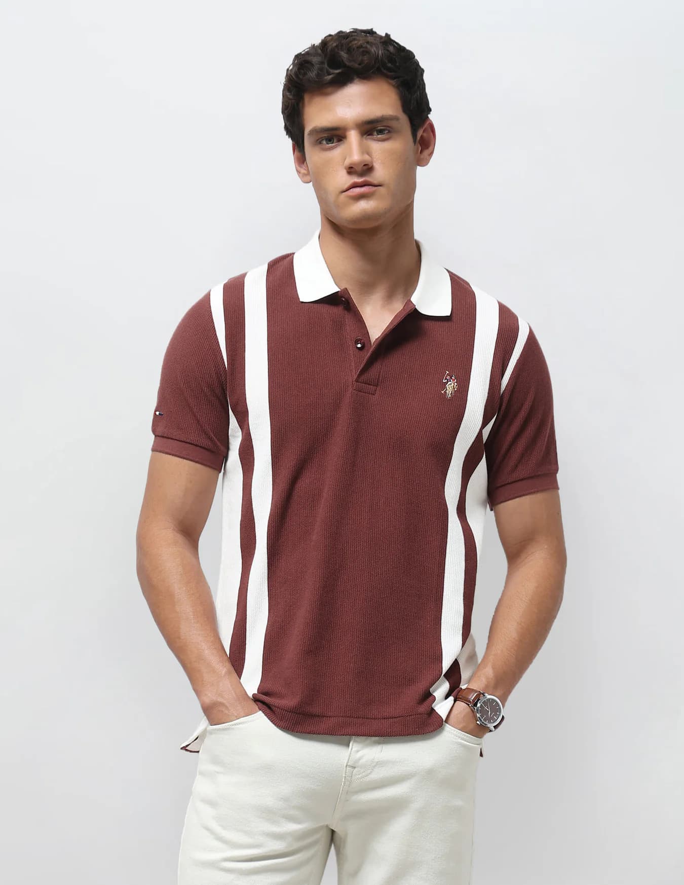 Men's Orange Casual Half Sleeves Vertical Striped Slim Fit Polo Tshirt