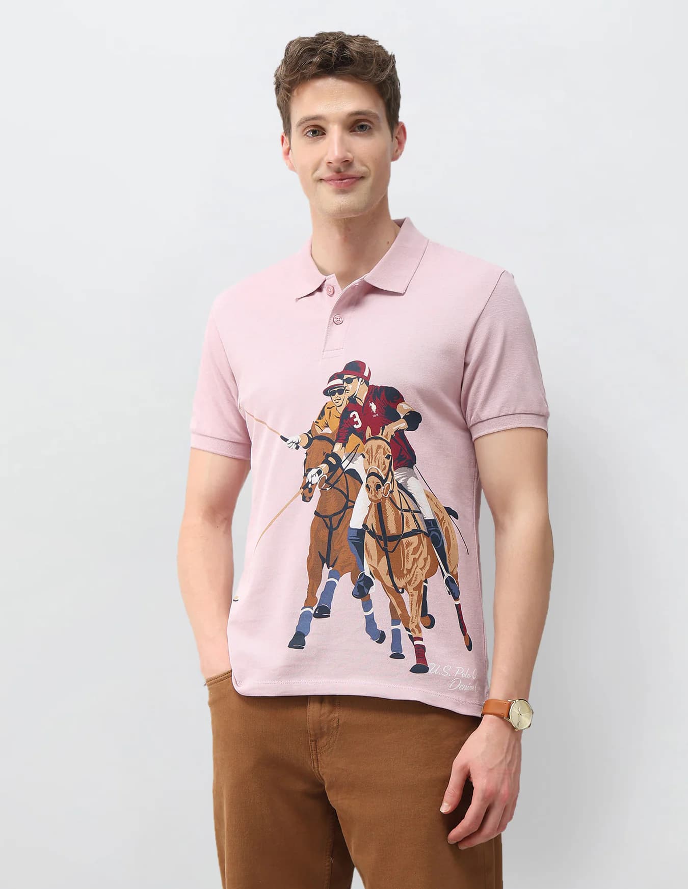 Men's Pink Casual Half Sleeves Graphic Printed Muscle Fit Polo Tshirt
