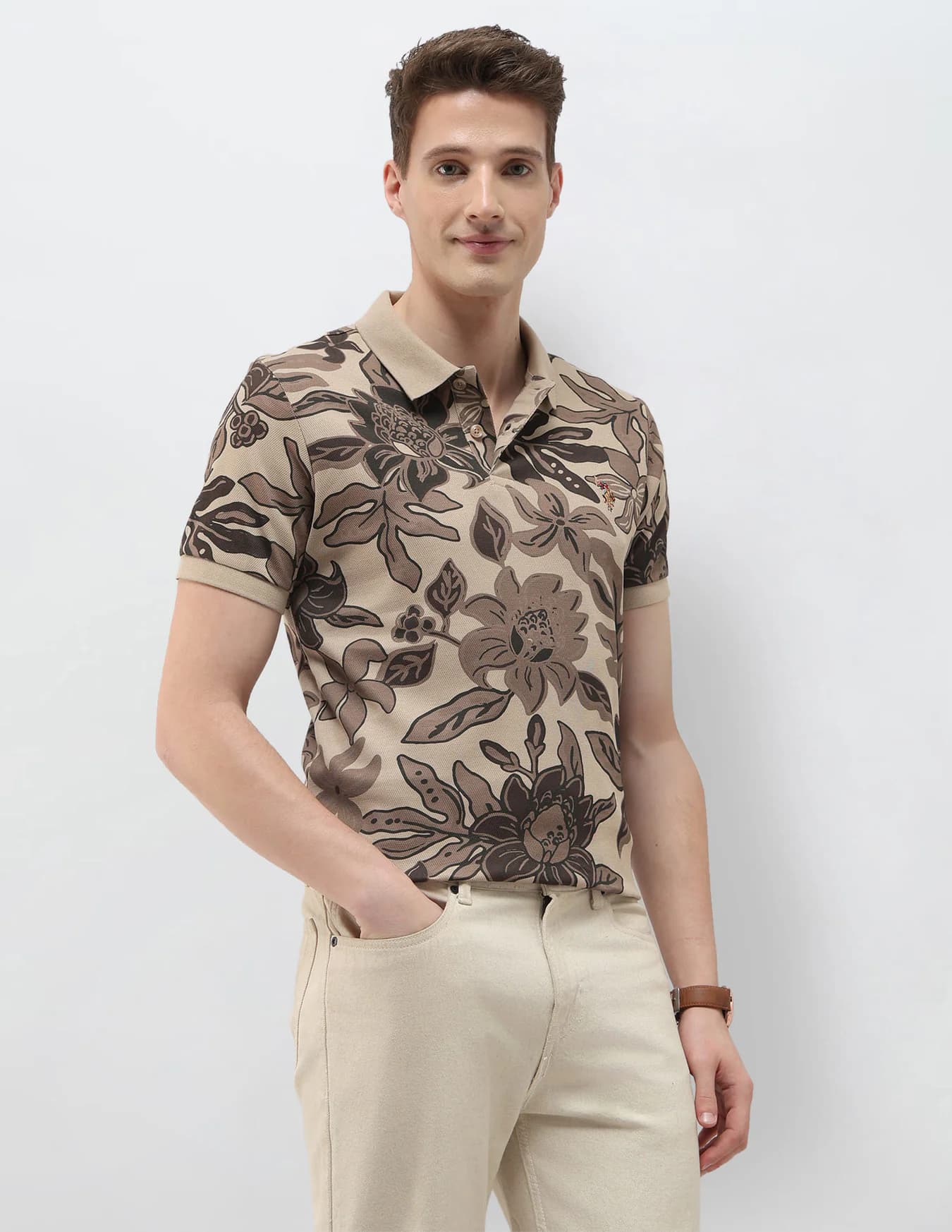 Men's Brown Casual Half Sleeves Floral Printed Summer House Polo Tshirt