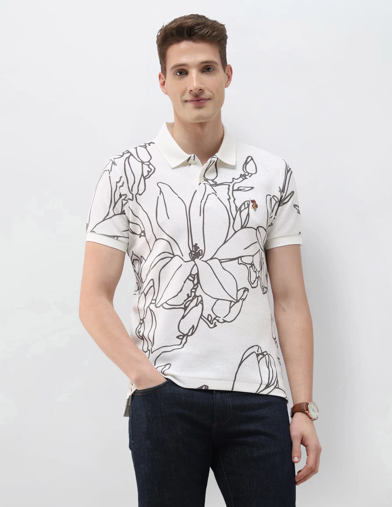 Men's Cream Casual Half Sleeves Floral Printed Summer House Polo Tshirt