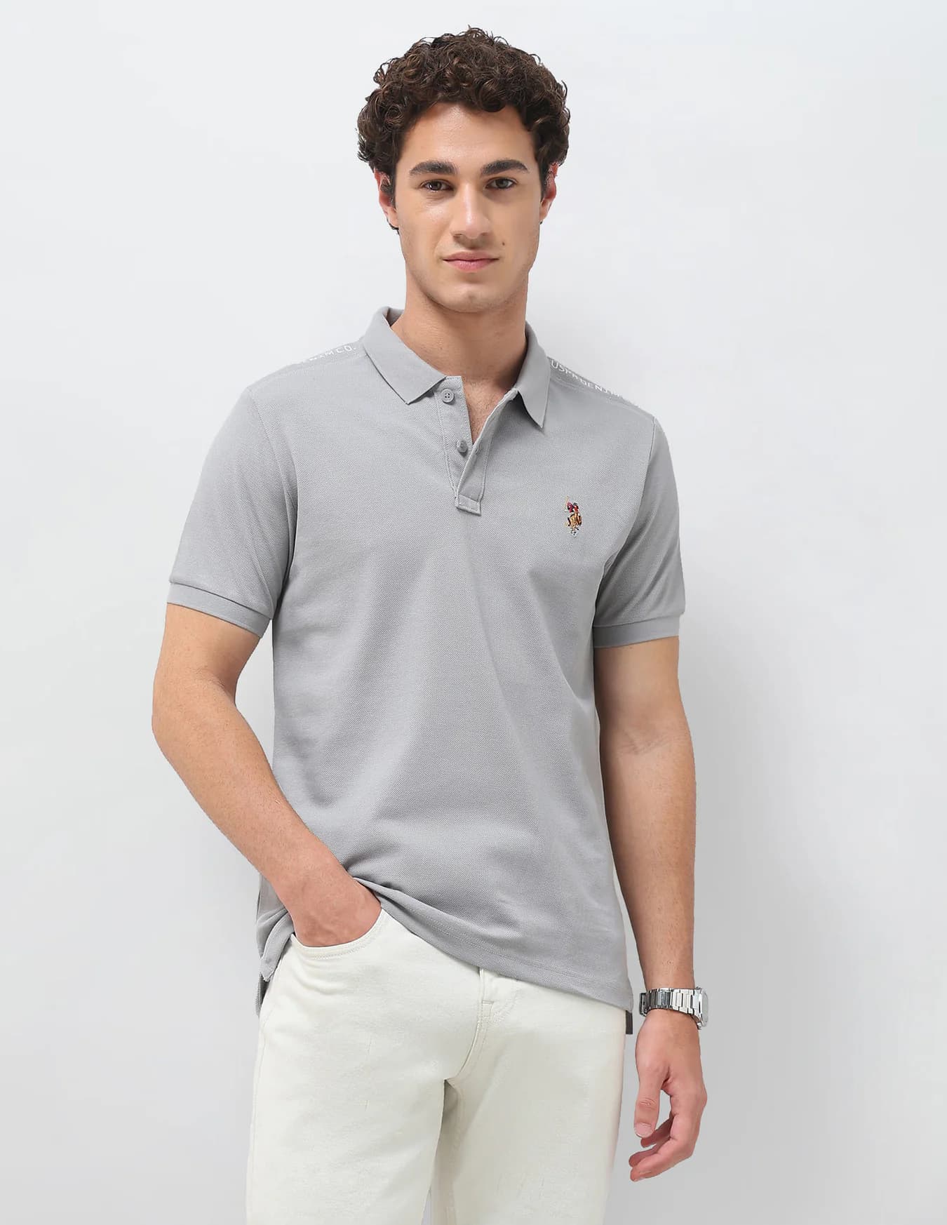 Men's Grey Casual Half Sleeves Solid Slim Fit Polo Tshirt