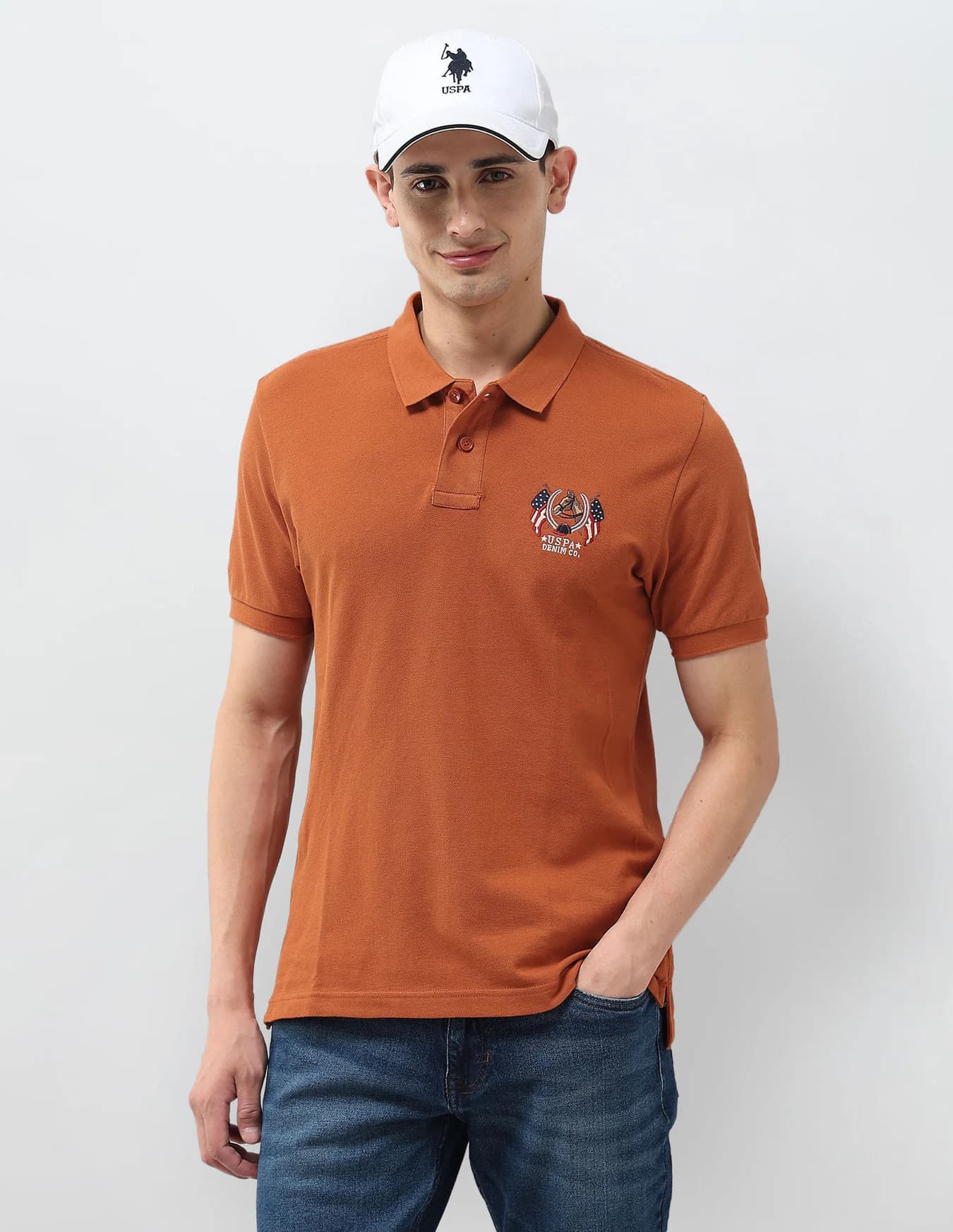 Men's Orange Casual Half Sleeves Solid Muscle Fit Polo Tshirt
