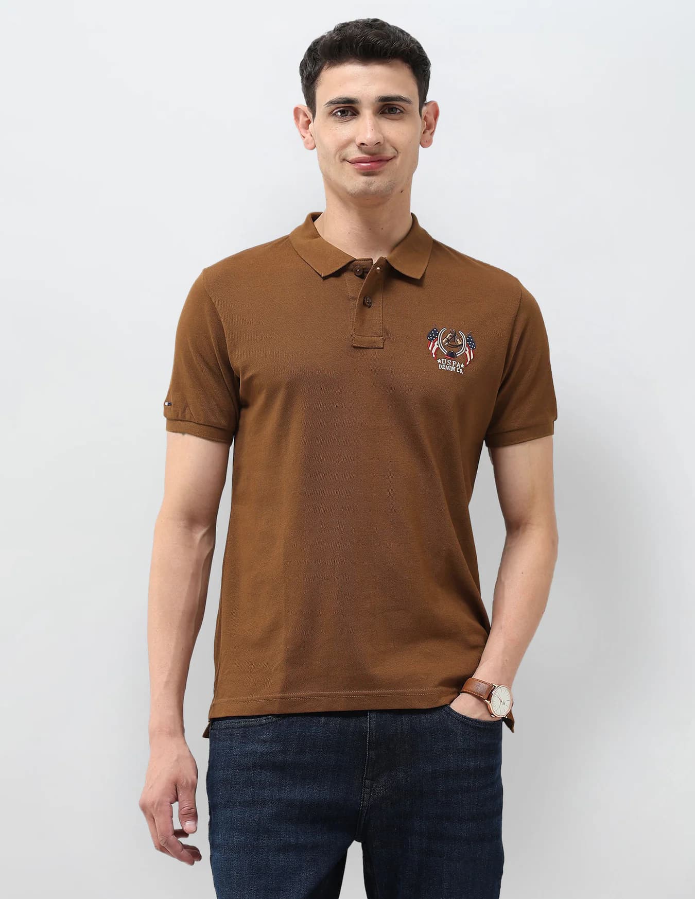 Men's Brown Casual Half Sleeves Solid Muscle Fit Polo Tshirt