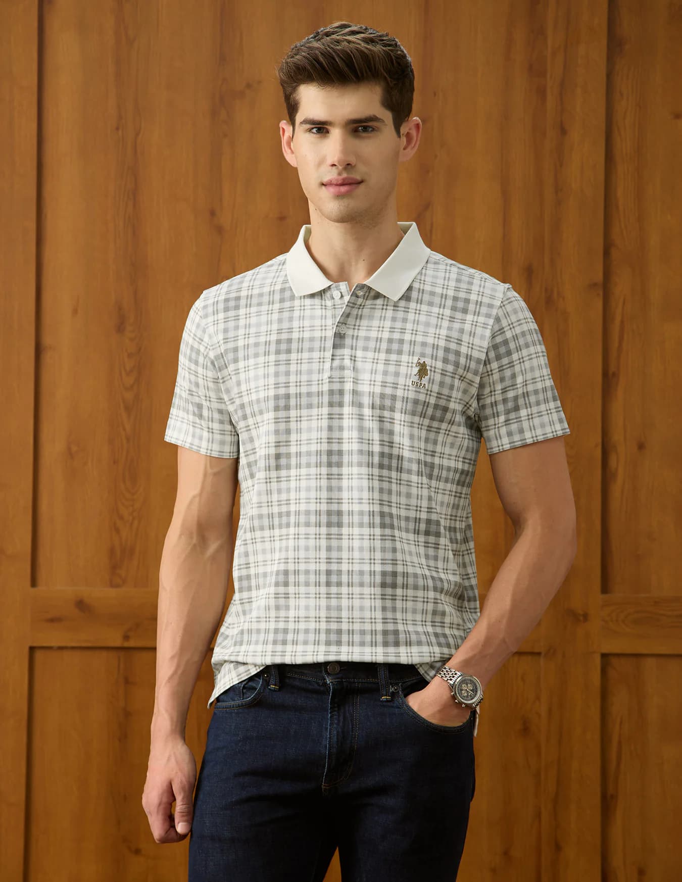 Men's Beige Casual Half Sleeves Checked Slim Fit Polo Tshirt