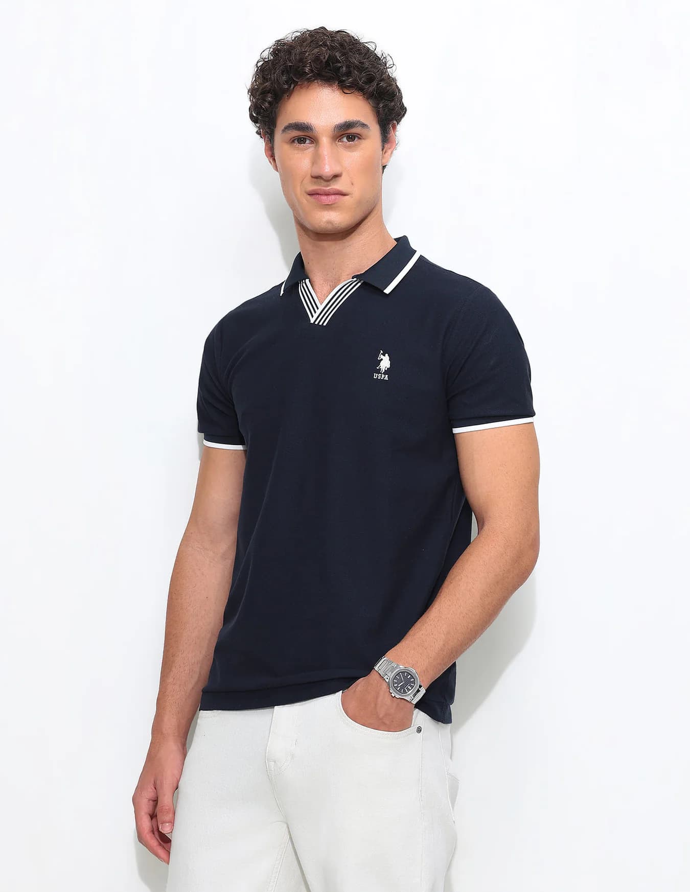 Men's Navy Casual Half Sleeves Solid Slim Fit Polo Tshirt
