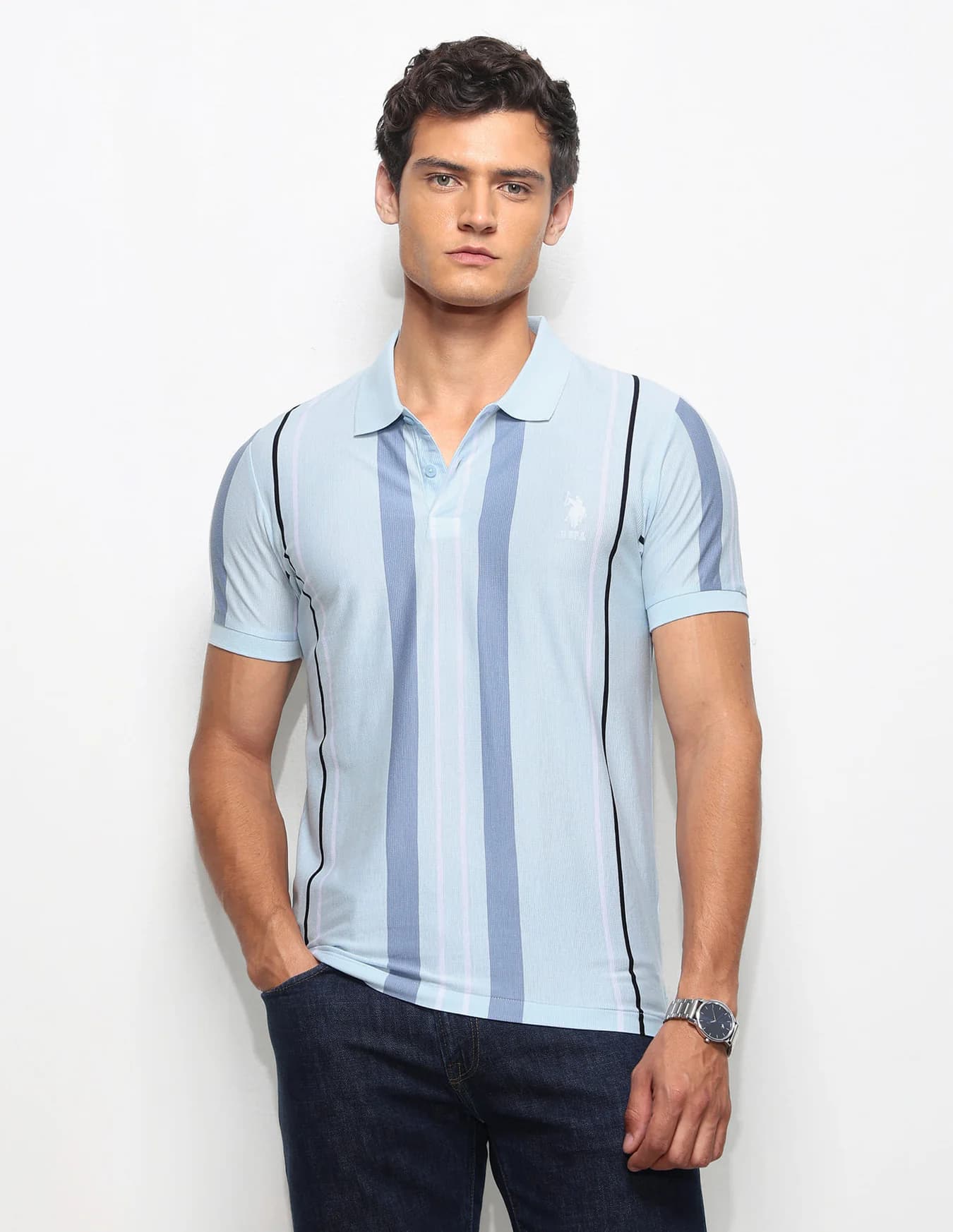 Men's Blue Casual Half Sleeves Vertical Striped Slim Fit Polo Tshirt