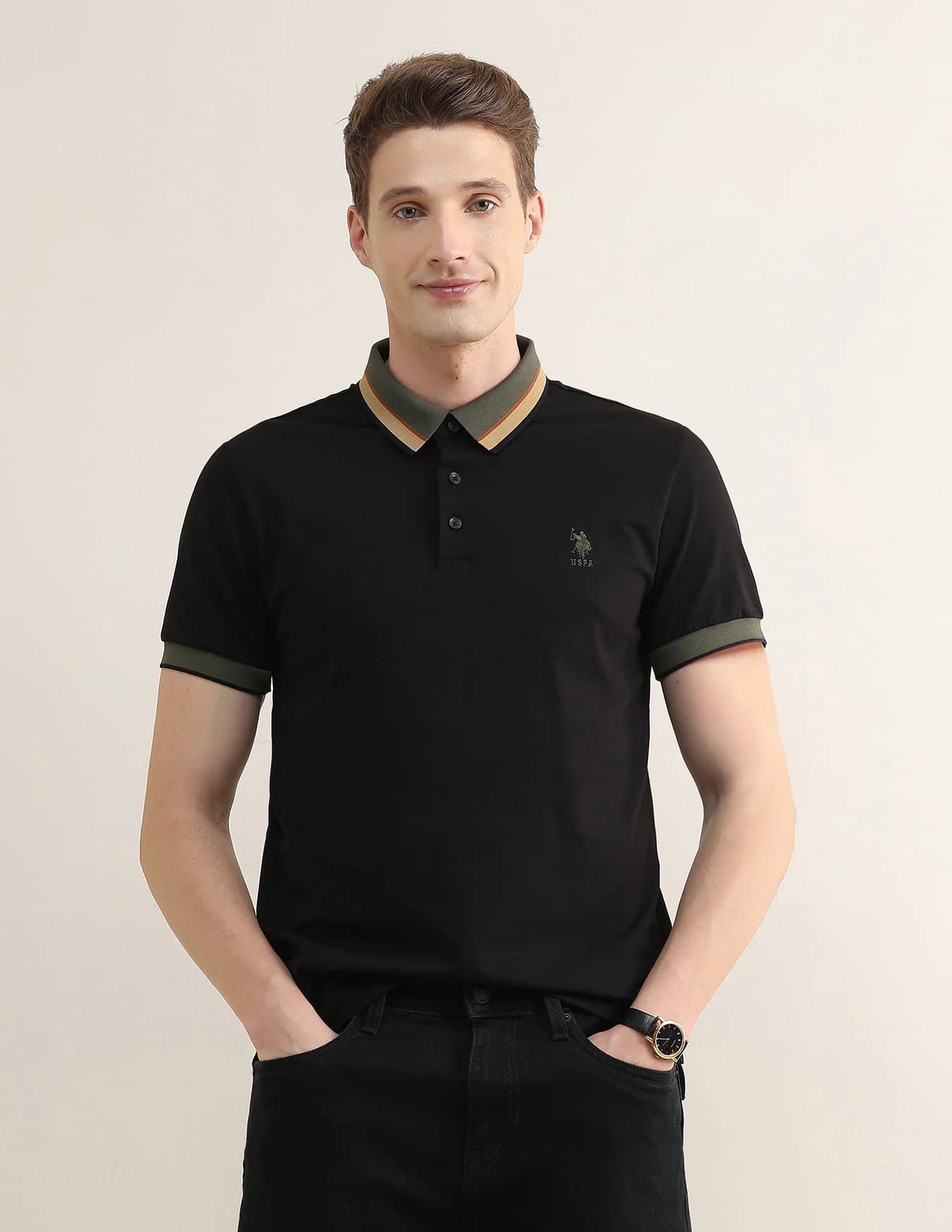Men's Black Casual Half Sleeves Solid Slim Fit Polo Tshirt